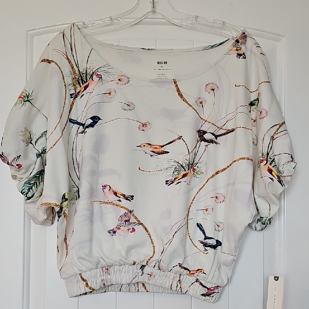 Anthropologie Cream Bird Print Blouse